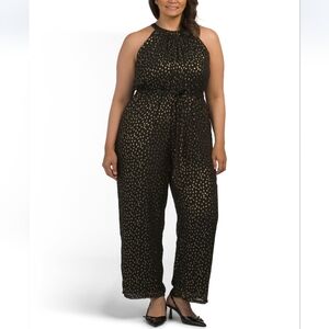 Estelle Plus Size Black Gold Halter Neck Wide Leg Jumpsuit